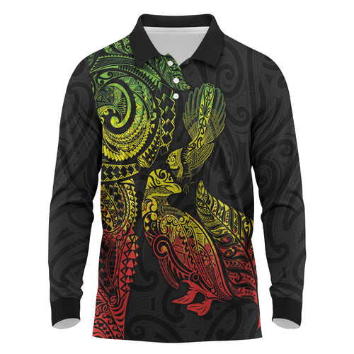 Aotearoa Moko Tribal Tattoo Long Sleeve Polo Shirt New Zealand Maori Penguin and Fantail Reggae Style