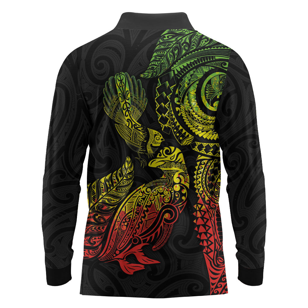 Aotearoa Moko Tribal Tattoo Long Sleeve Polo Shirt New Zealand Maori Penguin and Fantail Reggae Style