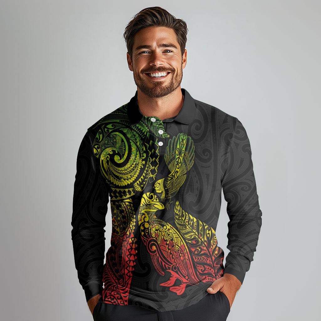 Aotearoa Moko Tribal Tattoo Long Sleeve Polo Shirt New Zealand Maori Penguin and Fantail Reggae Style
