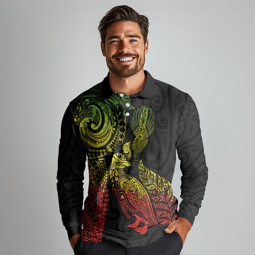 Aotearoa Moko Tribal Tattoo Long Sleeve Polo Shirt New Zealand Maori Penguin and Fantail Reggae Style