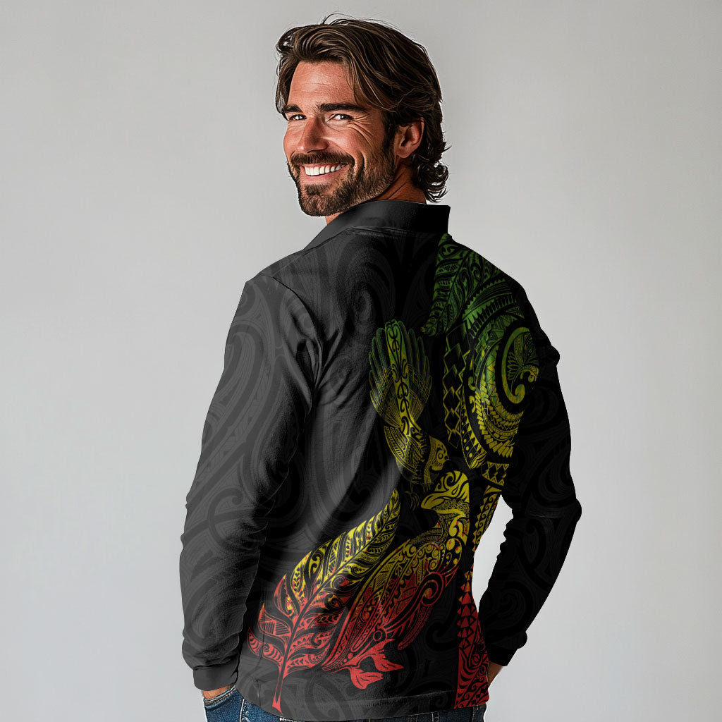 Aotearoa Moko Tribal Tattoo Long Sleeve Polo Shirt New Zealand Maori Penguin and Fantail Reggae Style