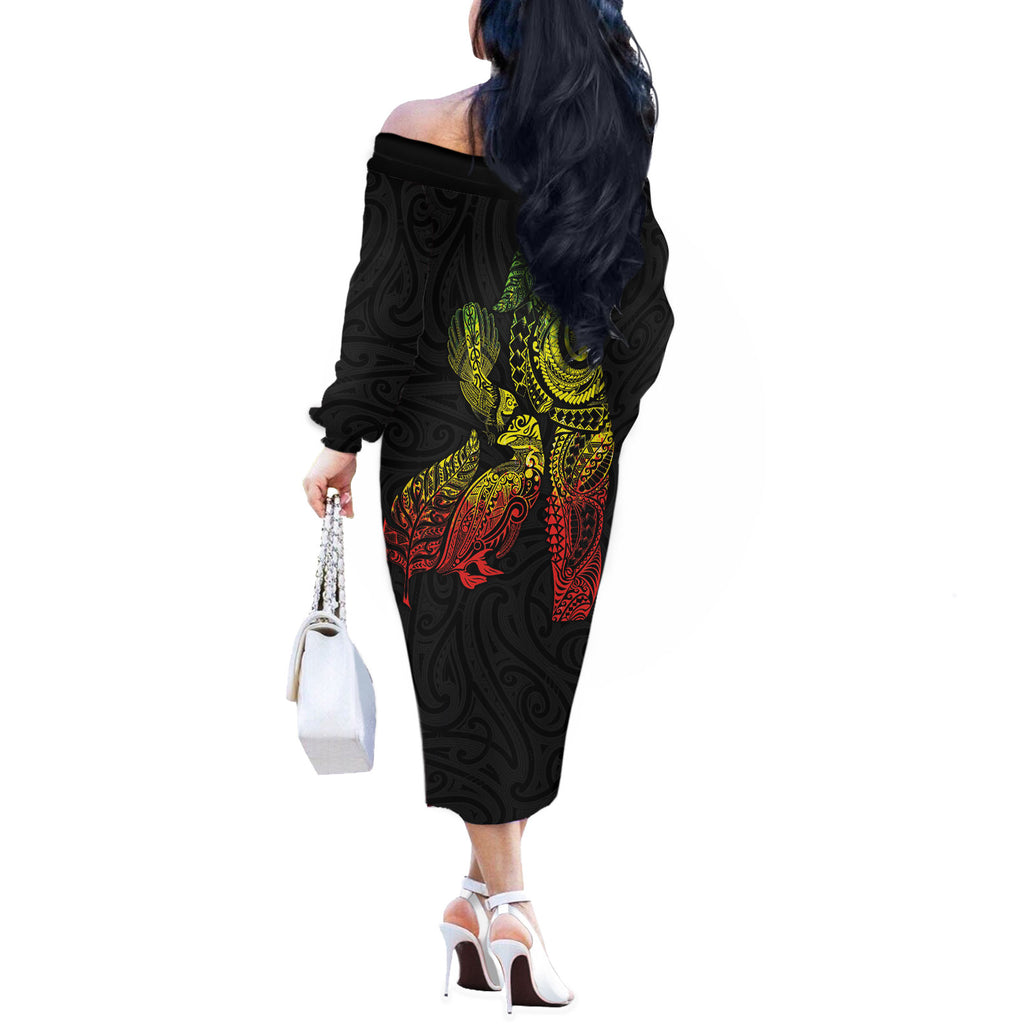 Aotearoa Moko Tribal Tattoo Off The Shoulder Long Sleeve Dress New Zealand Maori Penguin and Fantail Reggae Style