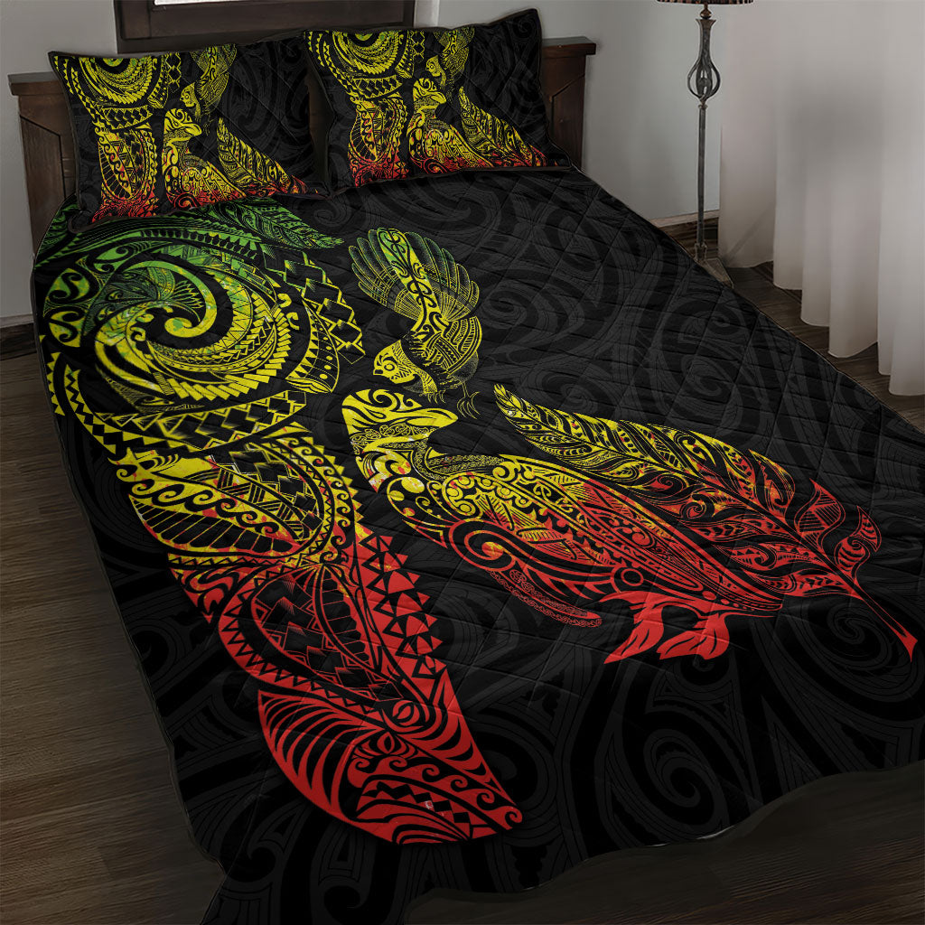 Aotearoa Moko Tribal Tattoo Quilt Bed Set New Zealand Maori Penguin and Fantail Reggae Style