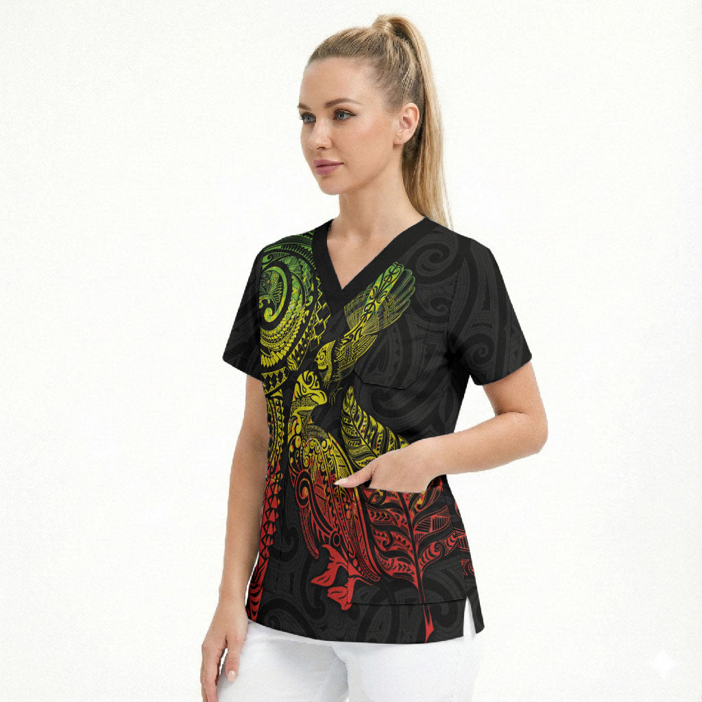 Aotearoa Moko Tribal Tattoo Scrub Top New Zealand Maori Penguin and Fantail Reggae Style
