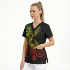 Aotearoa Moko Tribal Tattoo Scrub Top New Zealand Maori Penguin and Fantail Reggae Style
