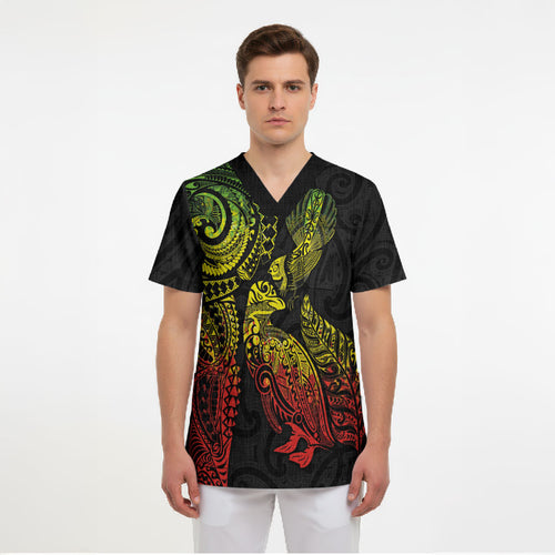 Aotearoa Moko Tribal Tattoo Scrub Top New Zealand Maori Penguin and Fantail Reggae Style