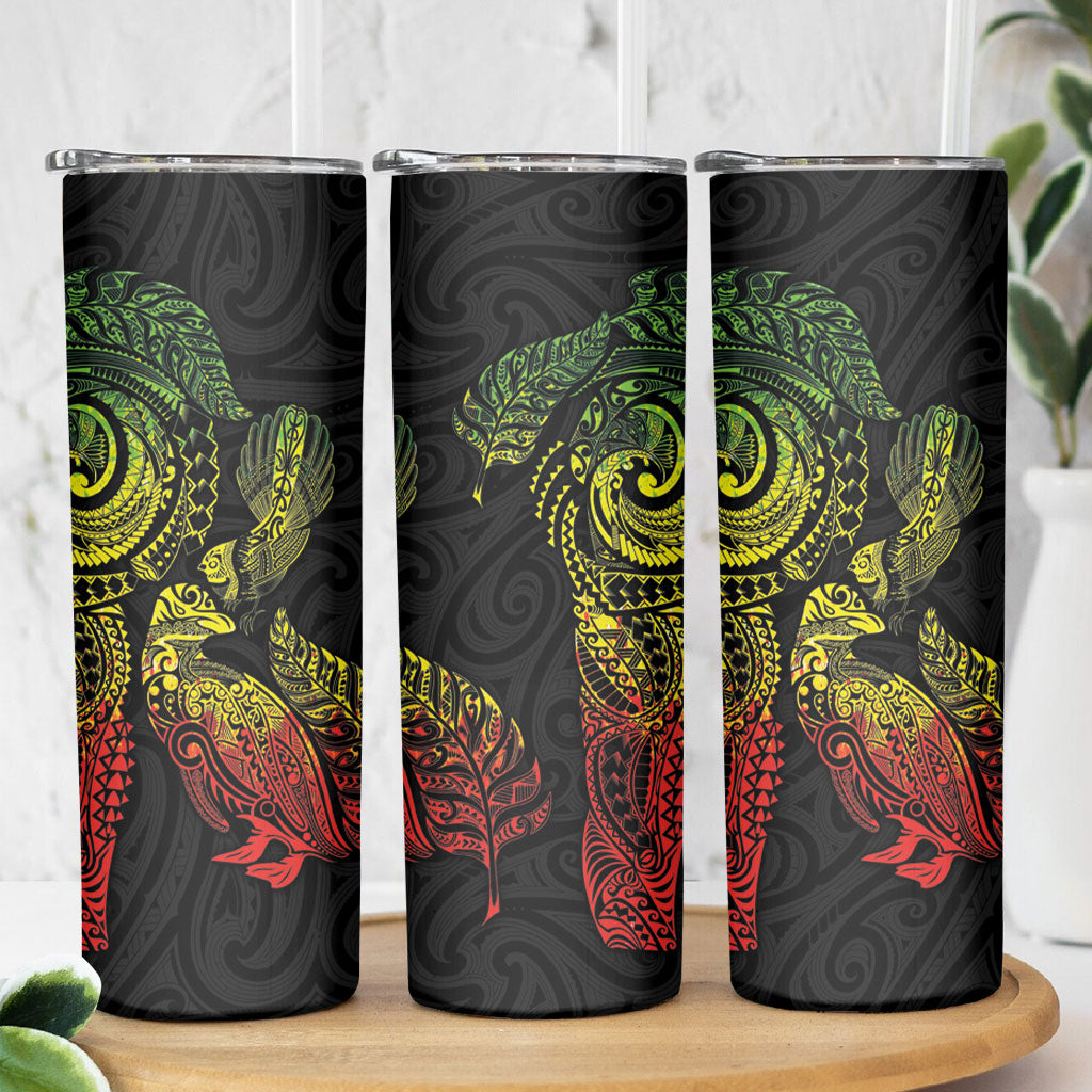 Aotearoa Moko Tribal Tattoo Skinny Tumbler New Zealand Maori Penguin and Fantail Reggae Style