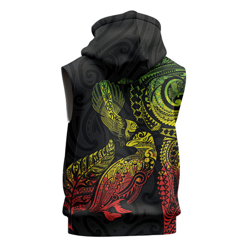 Aotearoa Moko Tribal Tattoo Sleeveless Zip Hoodie New Zealand Maori Penguin and Fantail Reggae Style