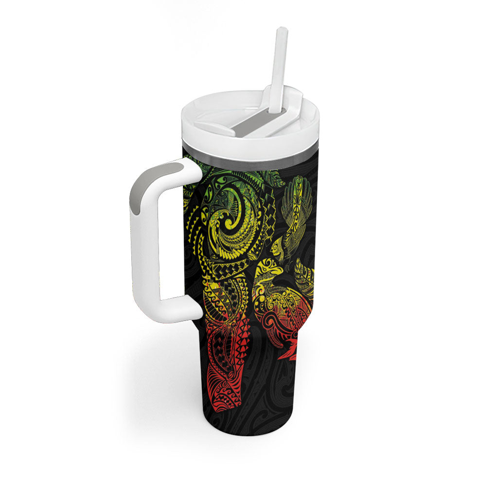 Aotearoa Moko Tribal Tattoo Tumbler With Handle New Zealand Maori Penguin and Fantail Reggae Style