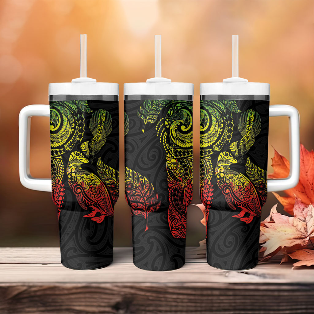 Aotearoa Moko Tribal Tattoo Tumbler With Handle New Zealand Maori Penguin and Fantail Reggae Style