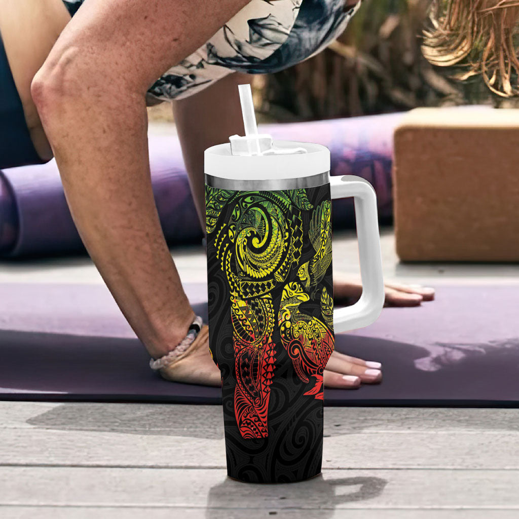 Aotearoa Moko Tribal Tattoo Tumbler With Handle New Zealand Maori Penguin and Fantail Reggae Style