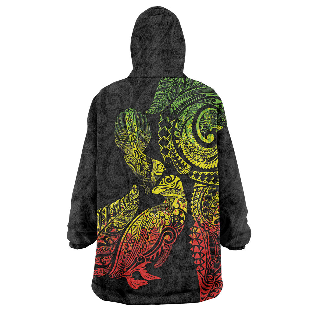 Aotearoa Moko Tribal Tattoo Wearable Blanket Hoodie New Zealand Maori Penguin and Fantail Reggae Style