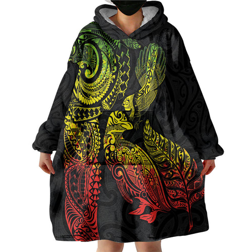 Aotearoa Moko Tribal Tattoo Wearable Blanket Hoodie New Zealand Maori Penguin and Fantail Reggae Style