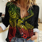 Aotearoa Moko Tribal Tattoo Women Casual Shirt New Zealand Maori Penguin and Fantail Reggae Style