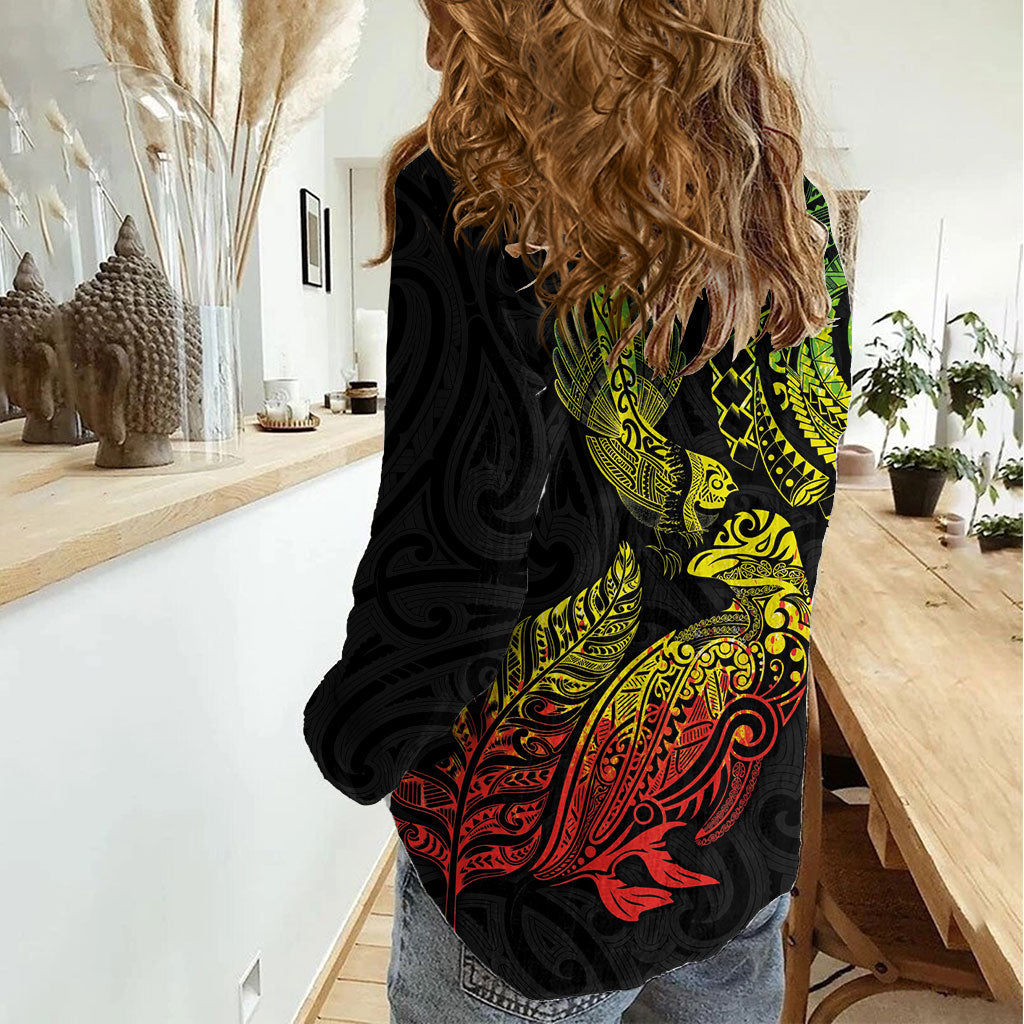 Aotearoa Moko Tribal Tattoo Women Casual Shirt New Zealand Maori Penguin and Fantail Reggae Style