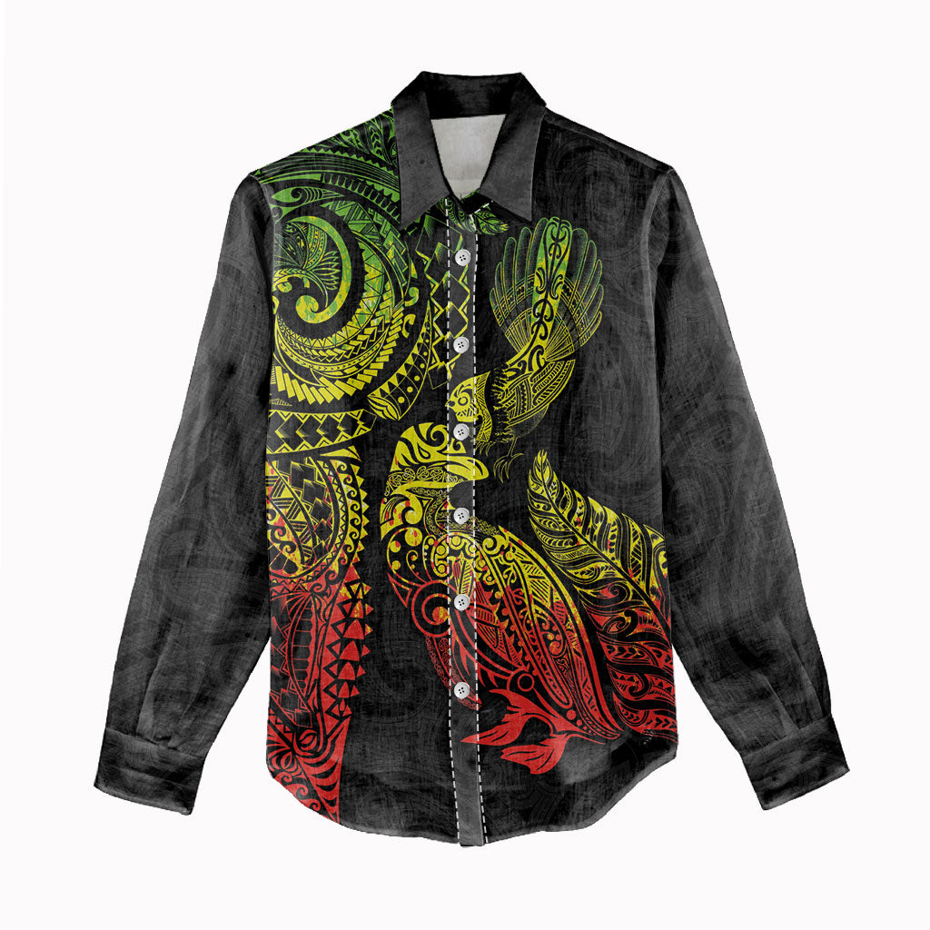 Aotearoa Moko Tribal Tattoo Women Casual Shirt New Zealand Maori Penguin and Fantail Reggae Style