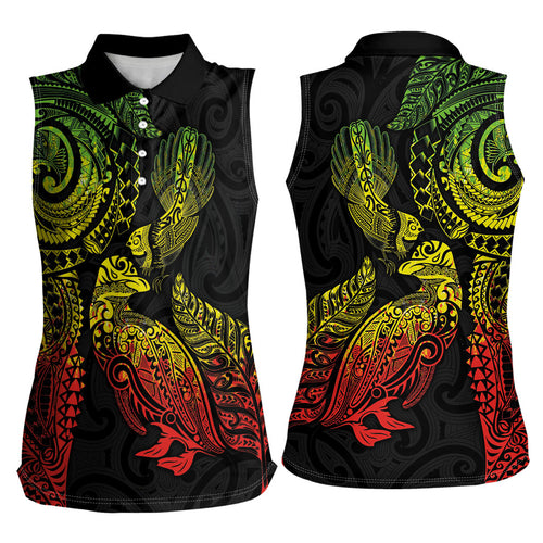 Aotearoa Moko Tribal Tattoo Women Sleeveless Polo Shirt New Zealand Maori Penguin and Fantail Reggae Style