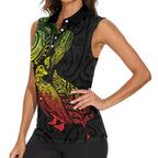 Aotearoa Moko Tribal Tattoo Women Sleeveless Polo Shirt New Zealand Maori Penguin and Fantail Reggae Style