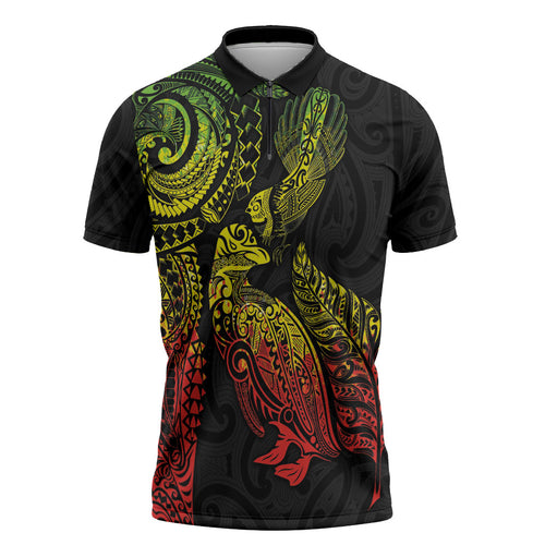 Aotearoa Moko Tribal Tattoo Zipper Polo Shirt New Zealand Maori Penguin and Fantail Reggae Style