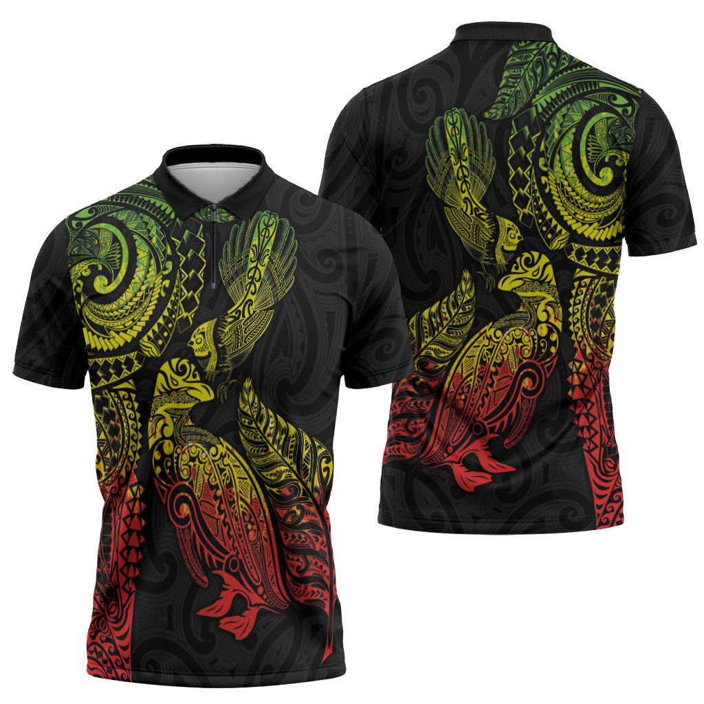 Aotearoa Moko Tribal Tattoo Zipper Polo Shirt New Zealand Maori Penguin and Fantail Reggae Style