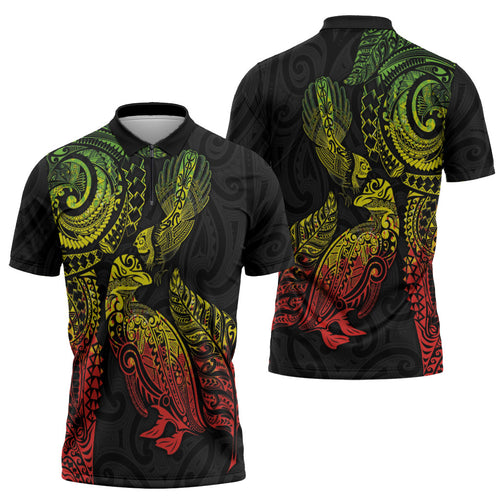 Aotearoa Moko Tribal Tattoo Zipper Polo Shirt New Zealand Maori Penguin and Fantail Reggae Style
