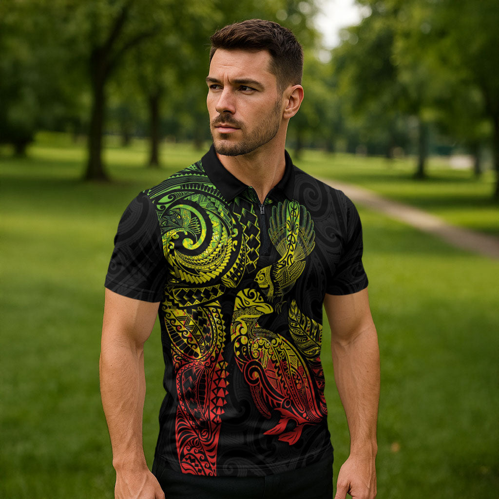 Aotearoa Moko Tribal Tattoo Zipper Polo Shirt New Zealand Maori Penguin and Fantail Reggae Style