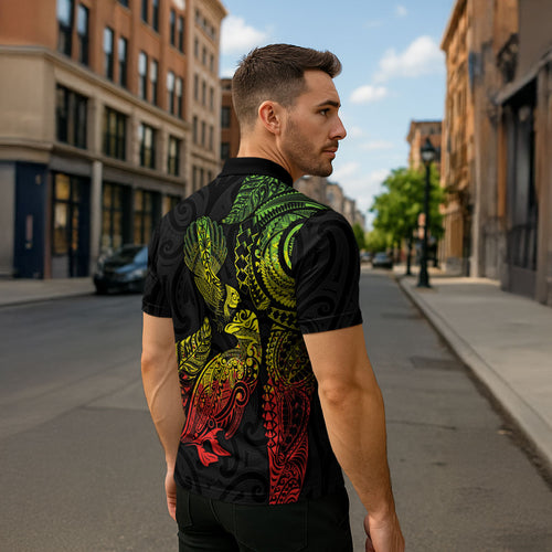 Aotearoa Moko Tribal Tattoo Zipper Polo Shirt New Zealand Maori Penguin and Fantail Reggae Style