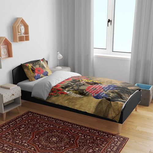Australia and New Zealand ANZAC Day Bedding Set Kangaroo and Kiwi Bird Soldier-Honor and Remember Vintage Style