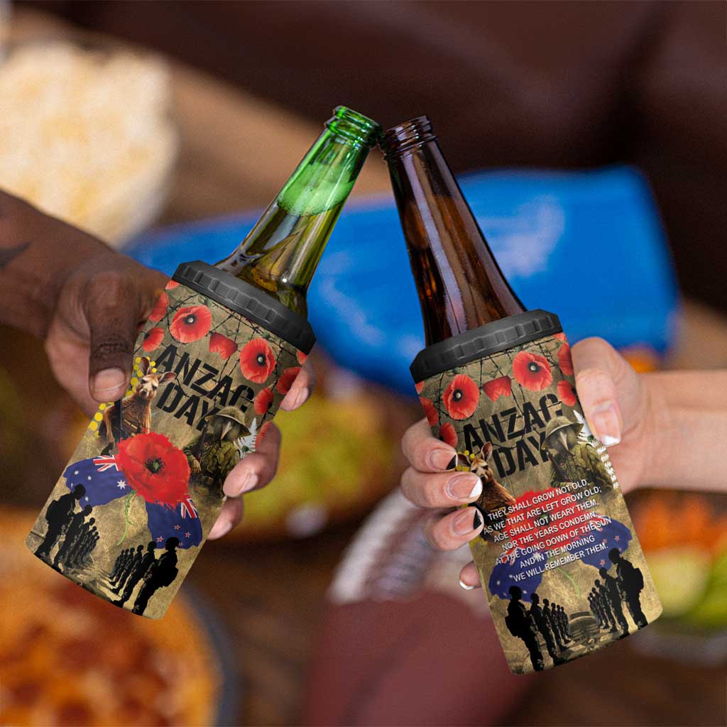Australia and New Zealand ANZAC Day 4 in 1 Can Cooler Tumbler Kangaroo and Kiwi Bird Soldier-Honor and Remember Vintage Style