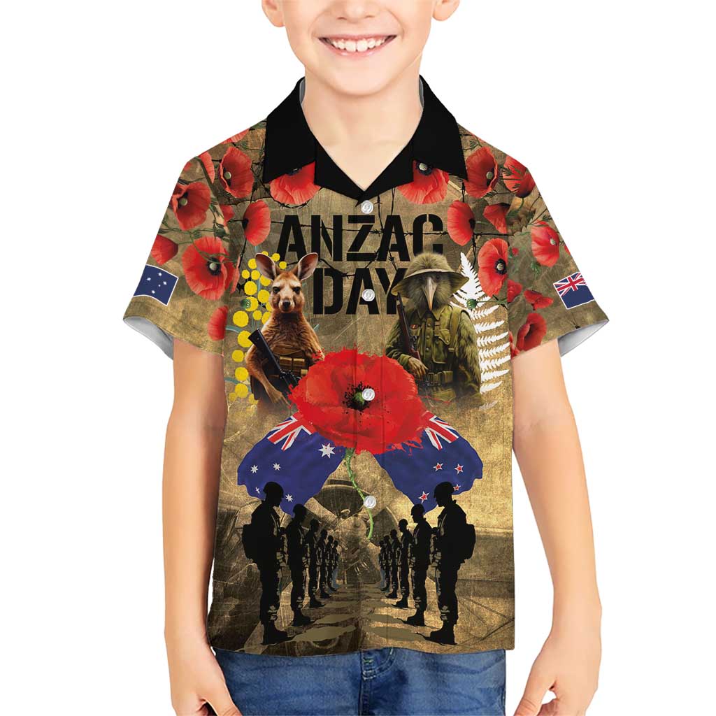 Australia and New Zealand ANZAC Day Hawaiian Shirt Kangaroo and Kiwi Bird Soldier-Honor and Remember Vintage Style