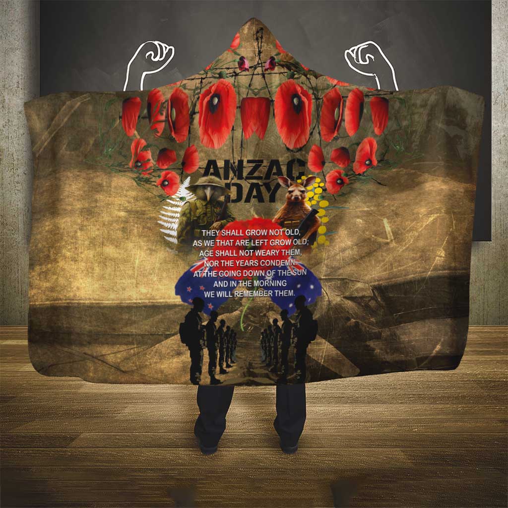 Australia and New Zealand ANZAC Day Hooded Blanket Kangaroo and Kiwi Bird Soldier-Honor and Remember Vintage Style