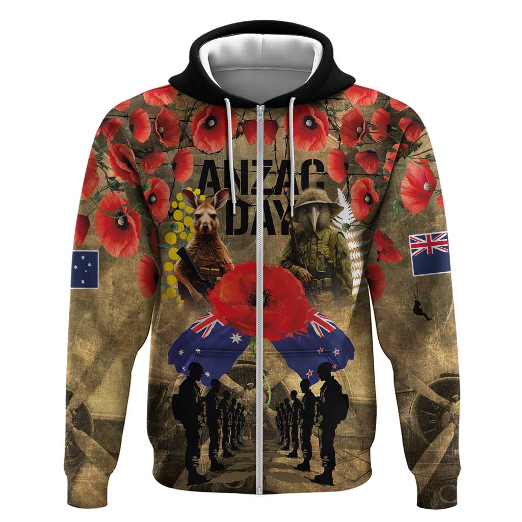 Australia and New Zealand ANZAC Day Hoodie Kangaroo and Kiwi Bird Soldier-Honor and Remember Vintage Style