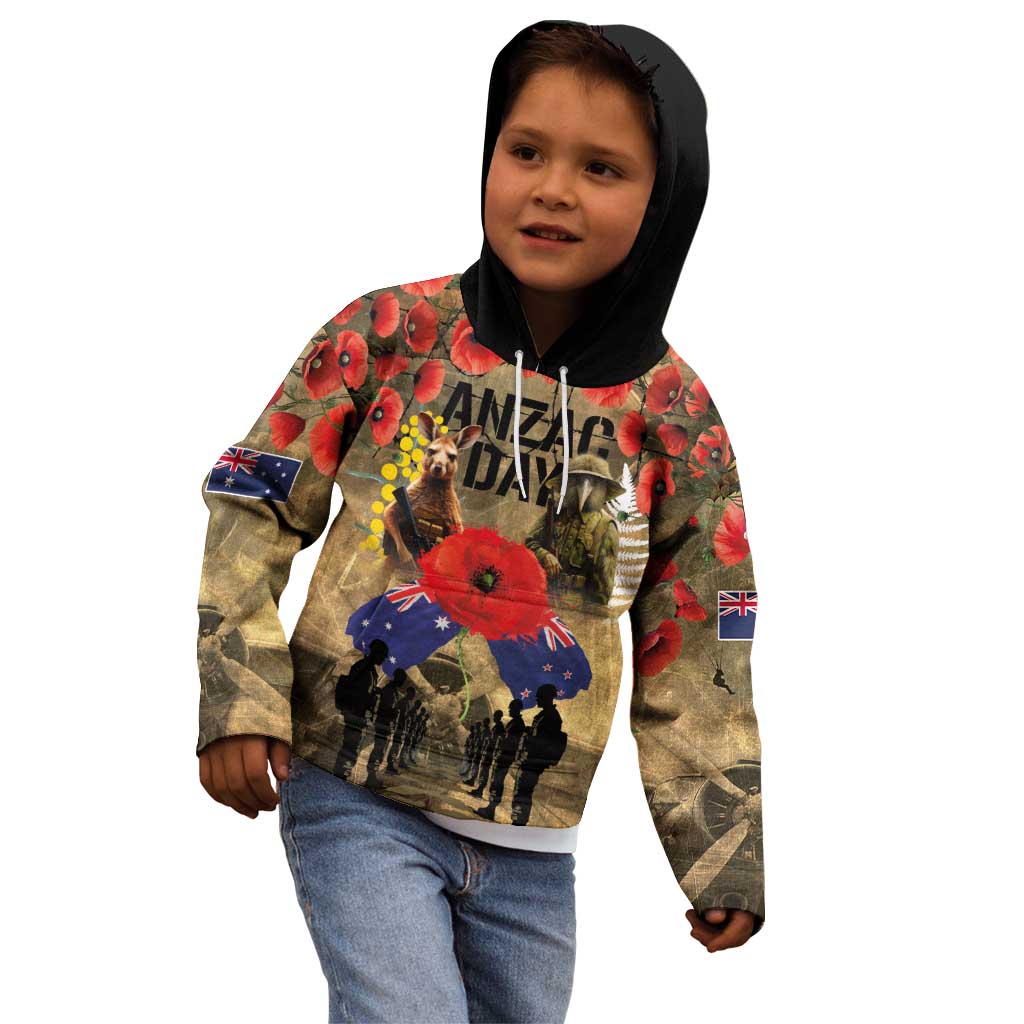 Australia and New Zealand ANZAC Day Kid Hoodie Kangaroo and Kiwi Bird Soldier-Honor and Remember Vintage Style