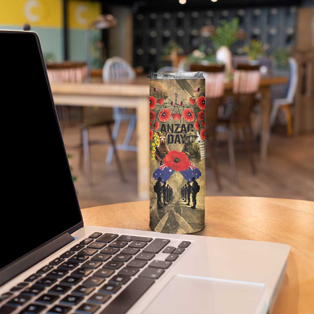 Australia and New Zealand ANZAC Day Skinny Tumbler Kangaroo and Kiwi Bird Soldier-Honor and Remember Vintage Style