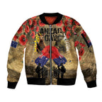 Australia and New Zealand ANZAC Day Sleeve Zip Bomber Jacket Kangaroo and Kiwi Bird Soldier-Honor and Remember Vintage Style