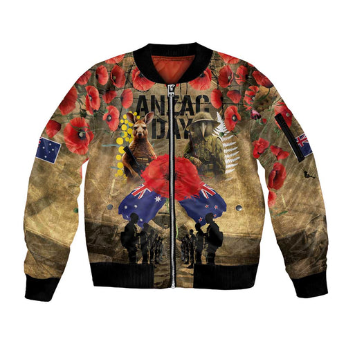 Australia and New Zealand ANZAC Day Sleeve Zip Bomber Jacket Kangaroo and Kiwi Bird Soldier-Honor and Remember Vintage Style