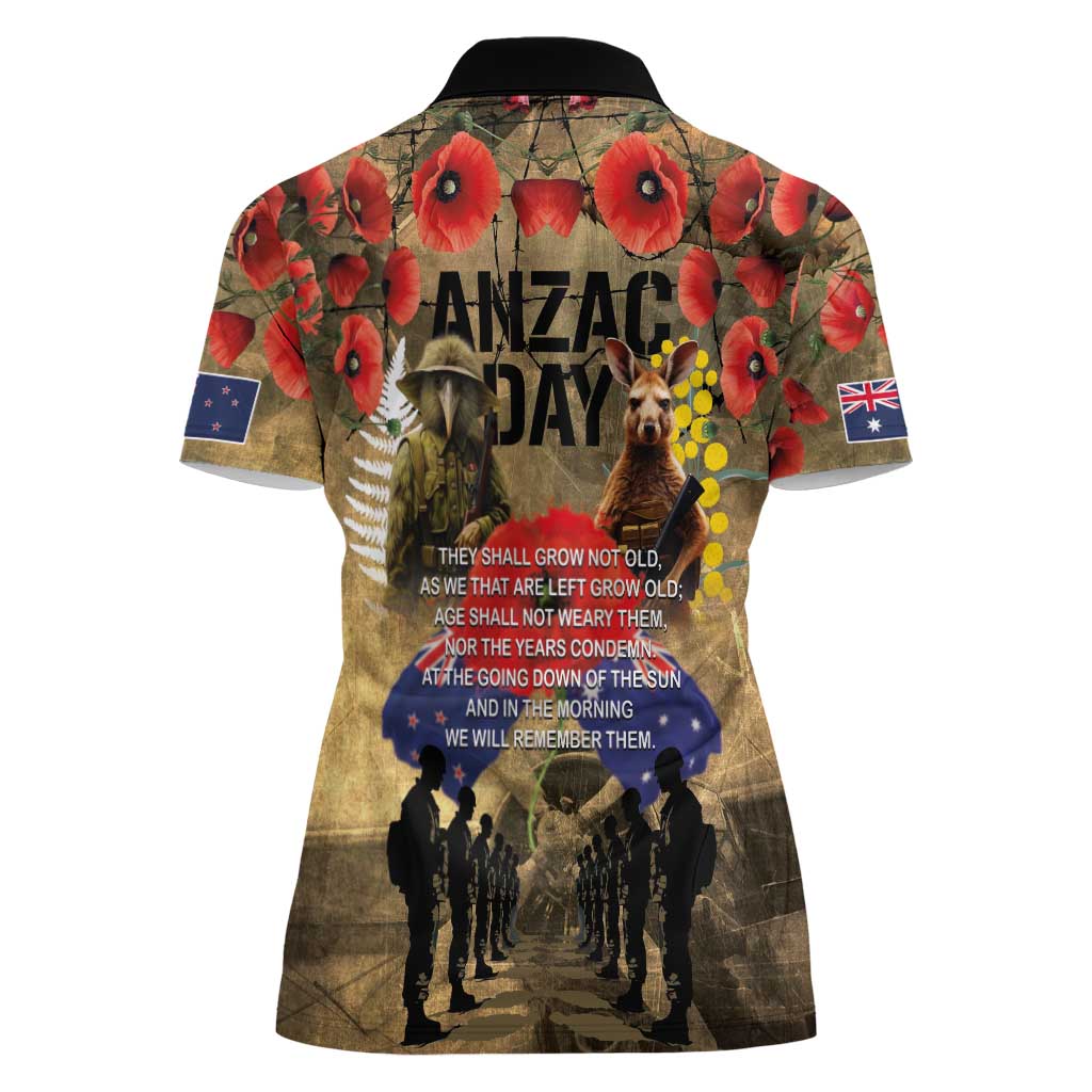 Australia and New Zealand ANZAC Day Women Polo Shirt Kangaroo and Kiwi Bird Soldier-Honor and Remember Vintage Style