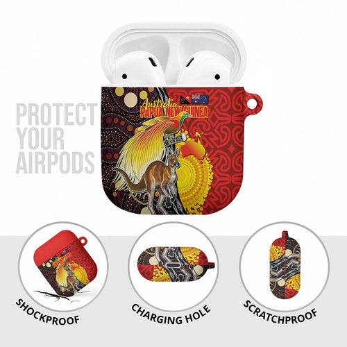 Australia and Papua New Guinea Together AirPods Case Bird-of-paradise and Kangaroo with Oro Tapa and Aboriginal Art Motifs - Aussie Hoodie