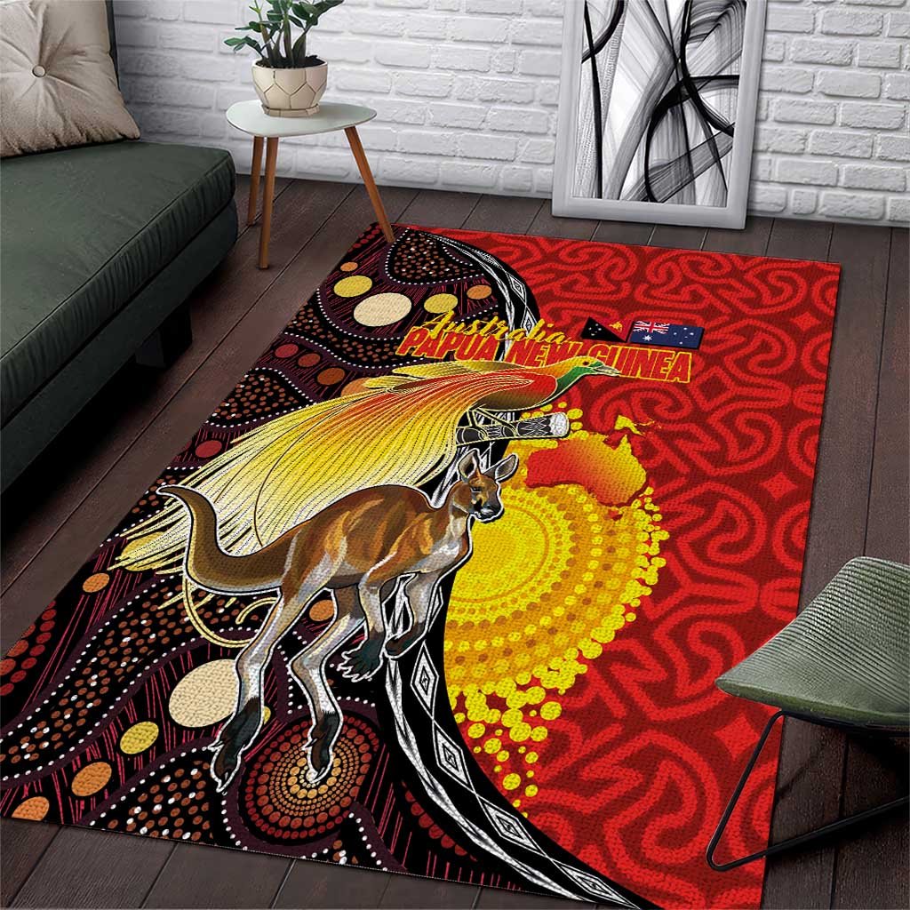 Australia and Papua New Guinea Together Area Rug Bird-of-paradise and Kangaroo with Oro Tapa and Aboriginal Art Motifs - Aussie Hoodie