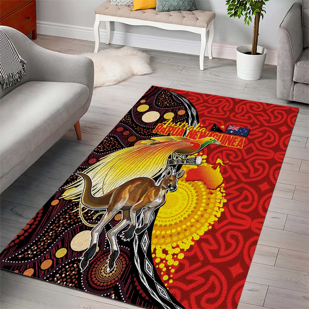 Australia and Papua New Guinea Together Area Rug Bird-of-paradise and Kangaroo with Oro Tapa and Aboriginal Art Motifs - Aussie Hoodie