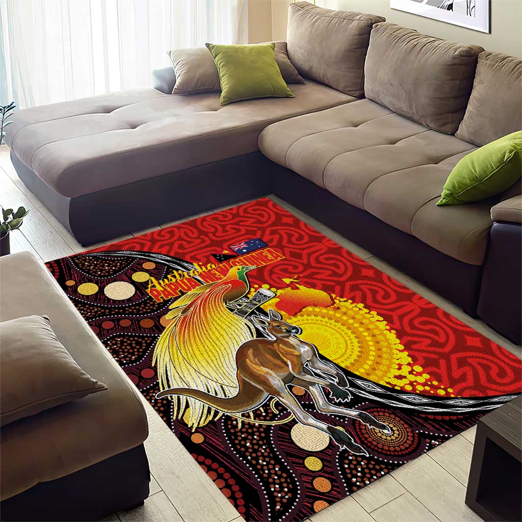 Australia and Papua New Guinea Together Area Rug Bird-of-paradise and Kangaroo with Oro Tapa and Aboriginal Art Motifs - Aussie Hoodie