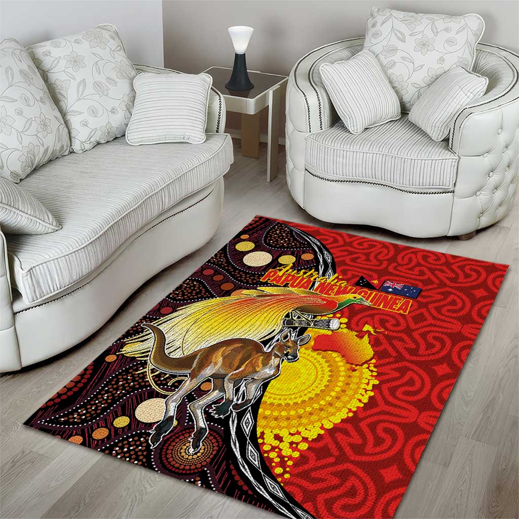 Australia and Papua New Guinea Together Area Rug Bird-of-paradise and Kangaroo with Oro Tapa and Aboriginal Art Motifs - Aussie Hoodie