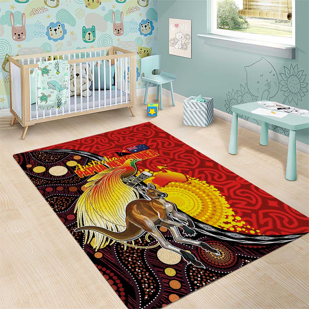 Australia and Papua New Guinea Together Area Rug Bird-of-paradise and Kangaroo with Oro Tapa and Aboriginal Art Motifs - Aussie Hoodie