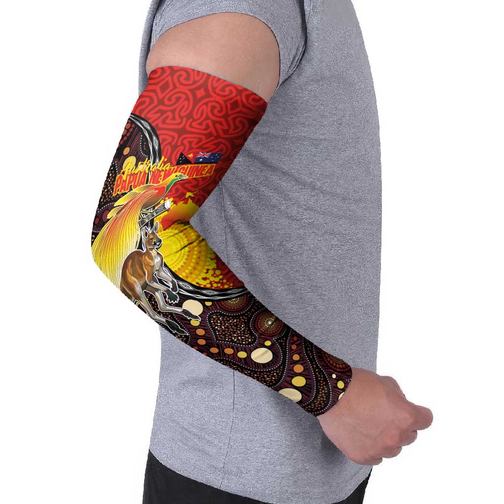 Australia and Papua New Guinea Together Arm Sleeves Bird-of-paradise and Kangaroo with Oro Tapa and Aboriginal Art Motifs - Aussie Hoodie