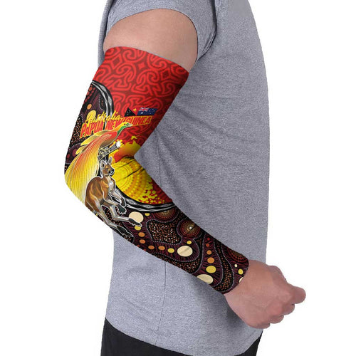 Australia and Papua New Guinea Together Arm Sleeves Bird-of-paradise and Kangaroo with Oro Tapa and Aboriginal Art Motifs - Aussie Hoodie