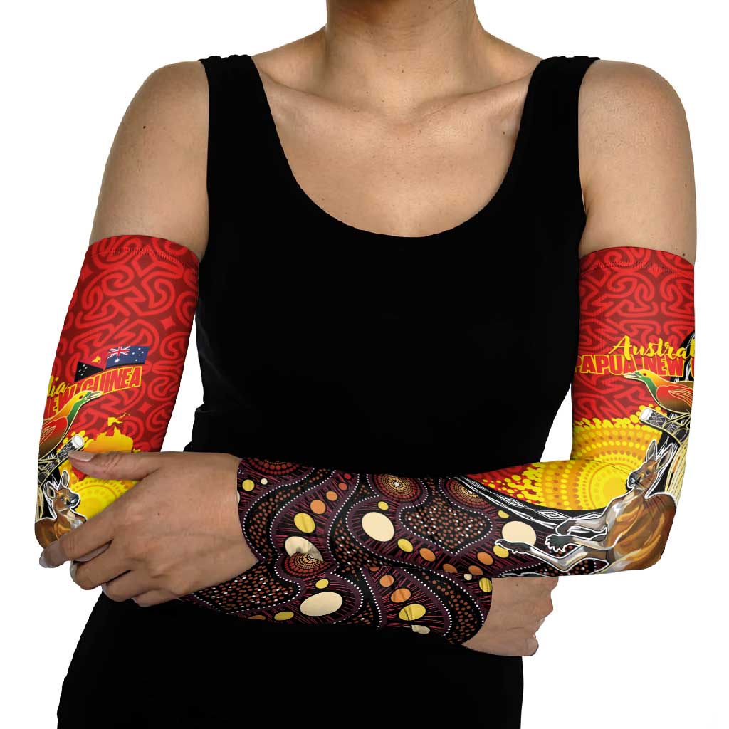 Australia and Papua New Guinea Together Arm Sleeves Bird-of-paradise and Kangaroo with Oro Tapa and Aboriginal Art Motifs - Aussie Hoodie
