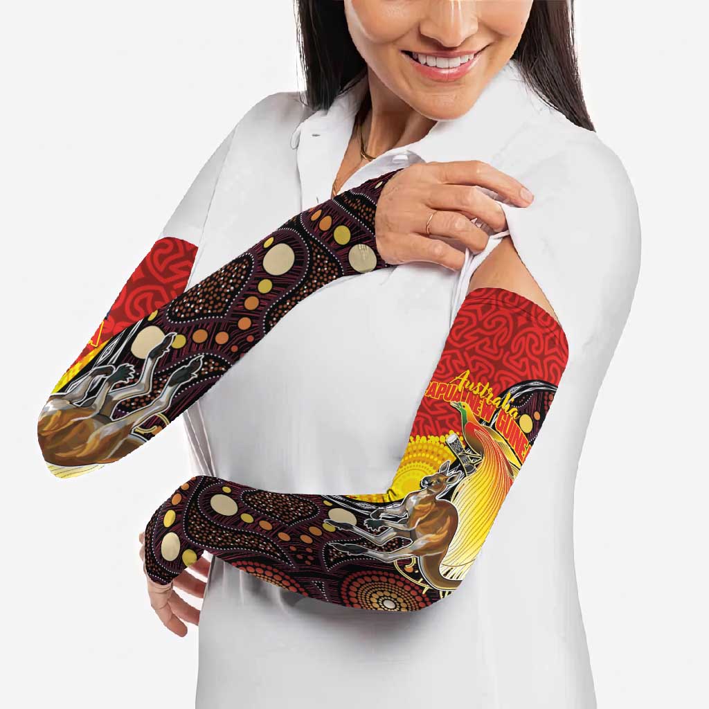 Australia and Papua New Guinea Together Arm Sleeves Bird-of-paradise and Kangaroo with Oro Tapa and Aboriginal Art Motifs - Aussie Hoodie