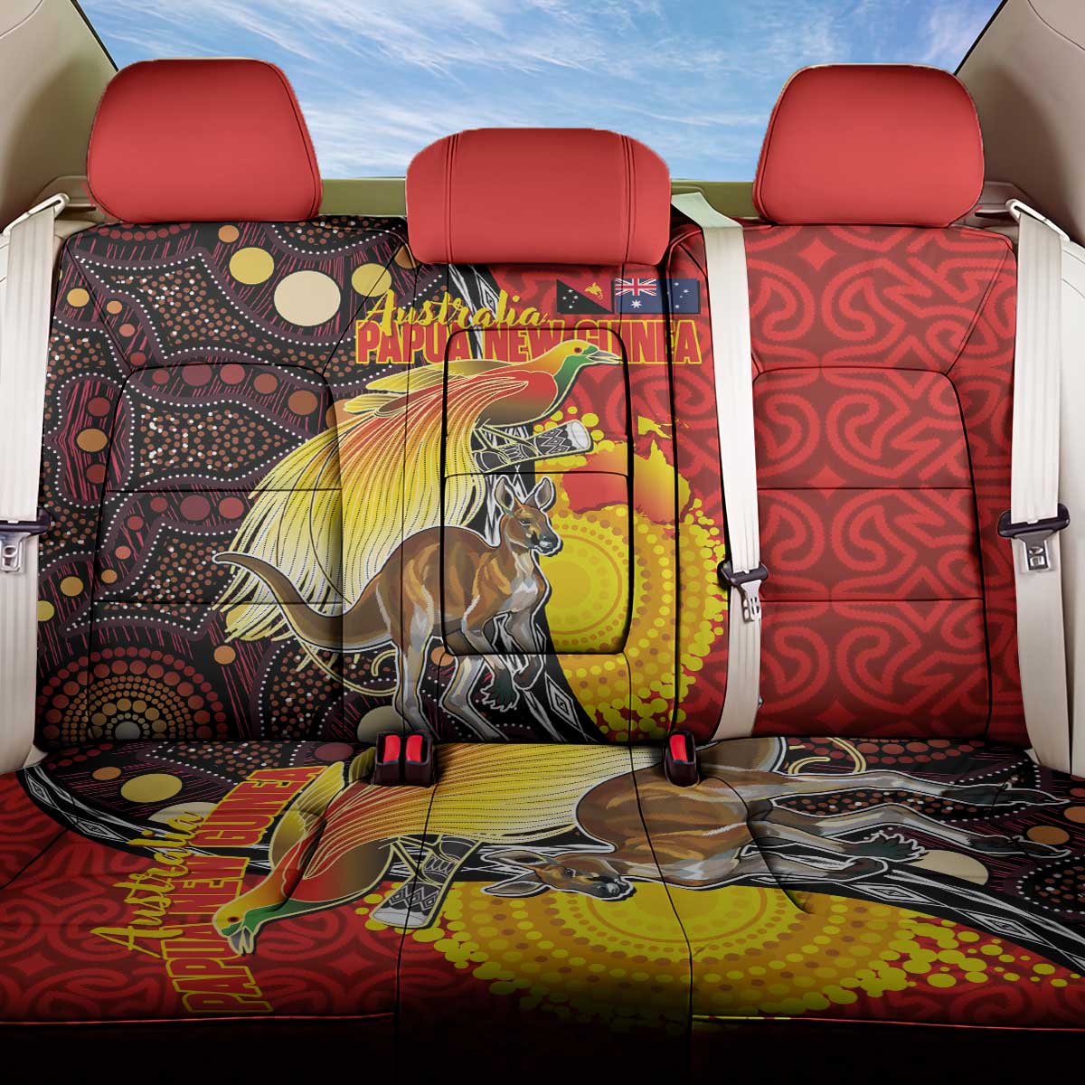 Australia and Papua New Guinea Together Back Car Seat Cover Bird-of-paradise and Kangaroo with Oro Tapa and Aboriginal Art Motifs - Aussie Hoodie