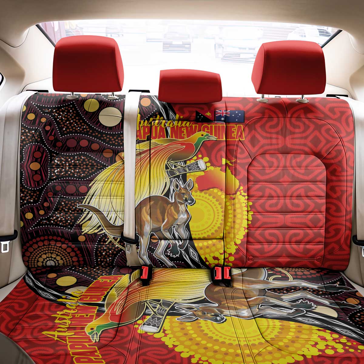 Australia and Papua New Guinea Together Back Car Seat Cover Bird-of-paradise and Kangaroo with Oro Tapa and Aboriginal Art Motifs - Aussie Hoodie
