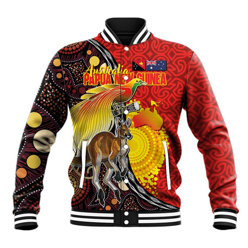 Australia and Papua New Guinea Together Baseball Jacket Bird-of-paradise and Kangaroo with Oro Tapa and Aboriginal Art Motifs - Aussie Hoodie